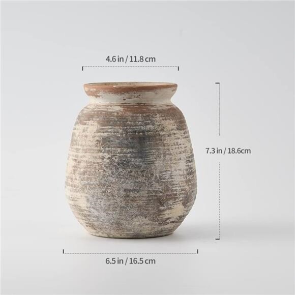SIDUCAL Ceramic Rustic Vase, Whitewashed Terra Cotta Vase, Distressed Farmhouse - Picture 5 of 7